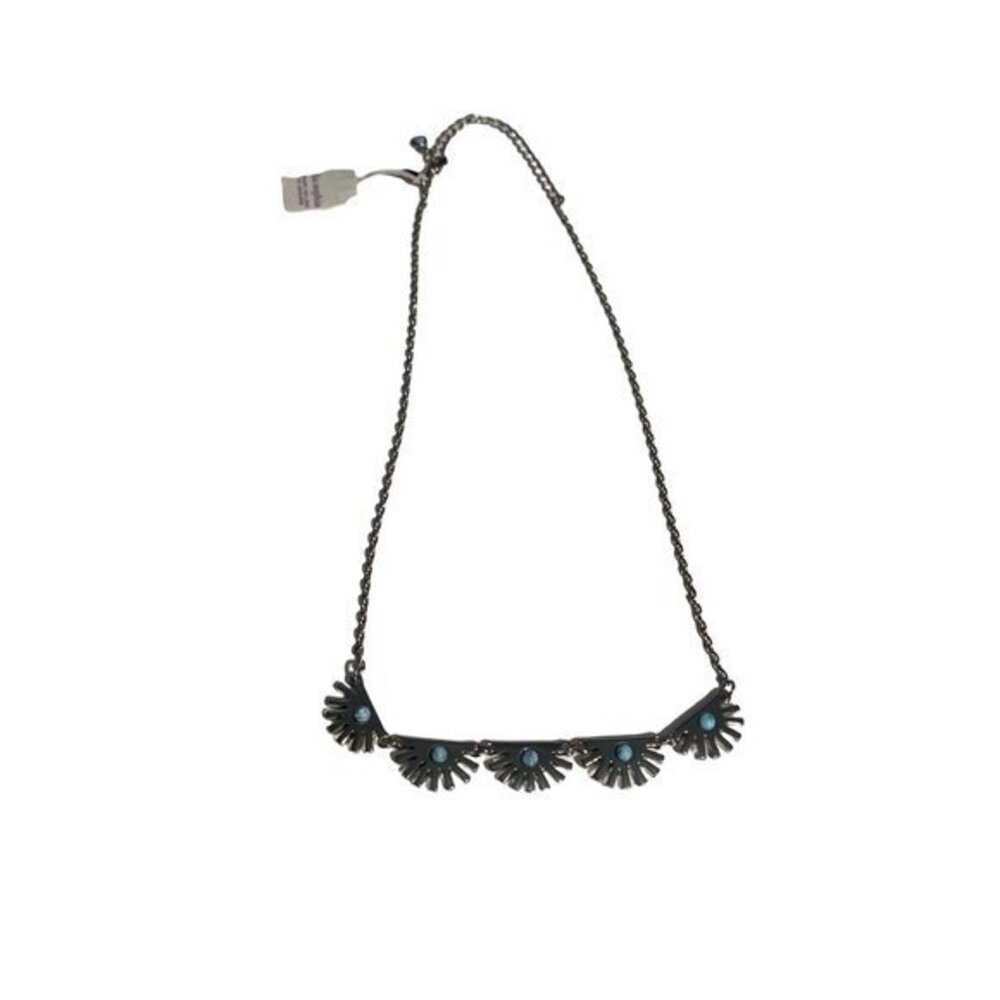 Lia Sophia SUPER FAN Necklace Silver Tone w/ Turquoise‎ Lobster Claw Clasp 16 in